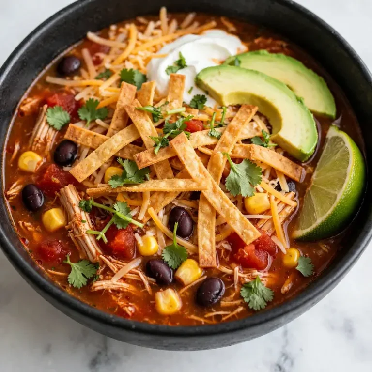 Chicken tortilla soup in black bowl fully topped with tortilla strips and avocado