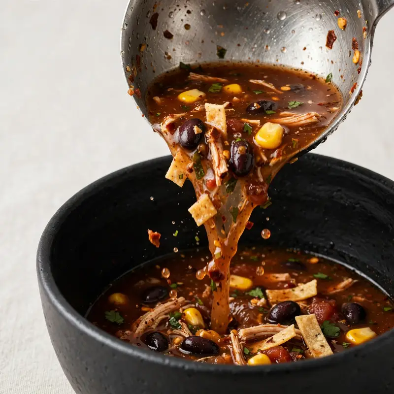 Ladle pouring chicken tortilla soup into a bowl
