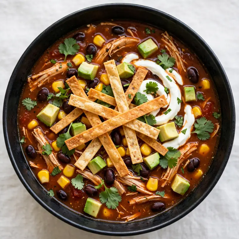 Chicken tortilla soup bowl with sour cream, avocado, and cheese toppings
