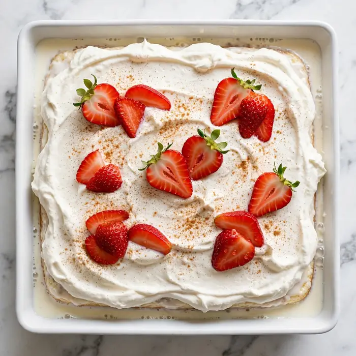 Tres leches cake with whipped cream and strawberries