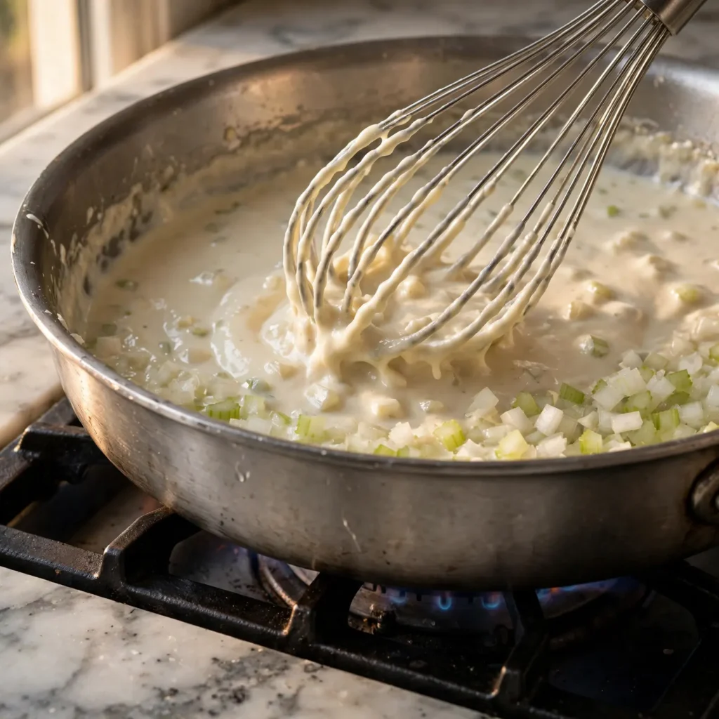Cream sauce being whisked in a large skillet with vegetables