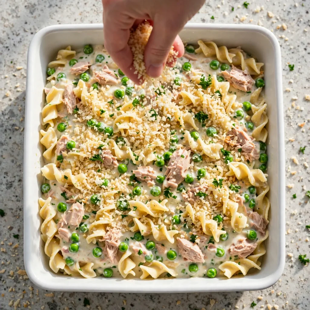 Panko breadcrumb topping being scattered over assembled tuna noodle casserole before baking