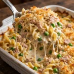 Spoon lifting a portion of creamy tuna noodle casserole with noodles stretching from a white baking dish