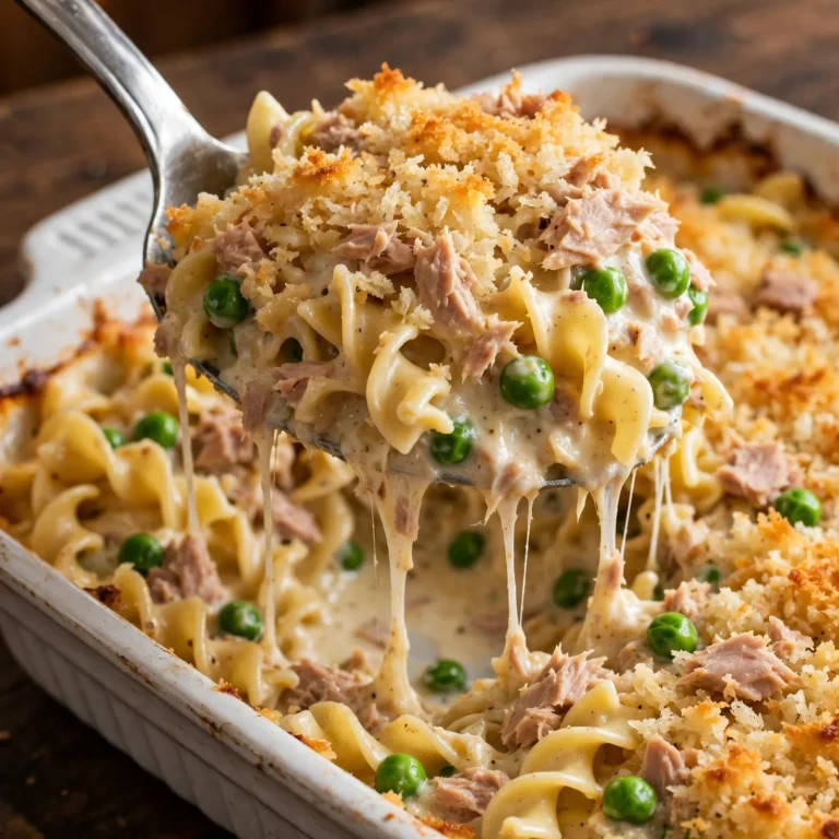 Spoon lifting a portion of creamy tuna noodle casserole with noodles stretching from a white baking dish