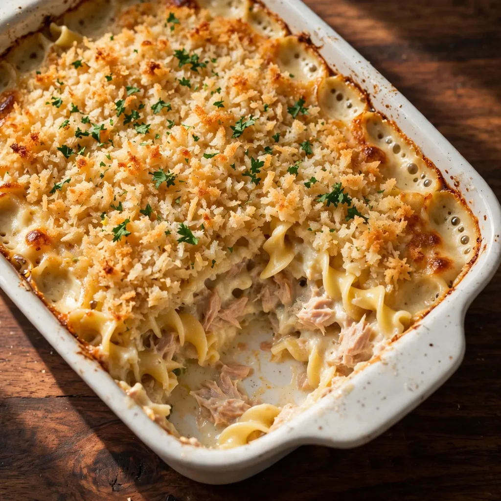 Tuna noodle casserole in a white baking dish with golden panko crust and one portion scooped