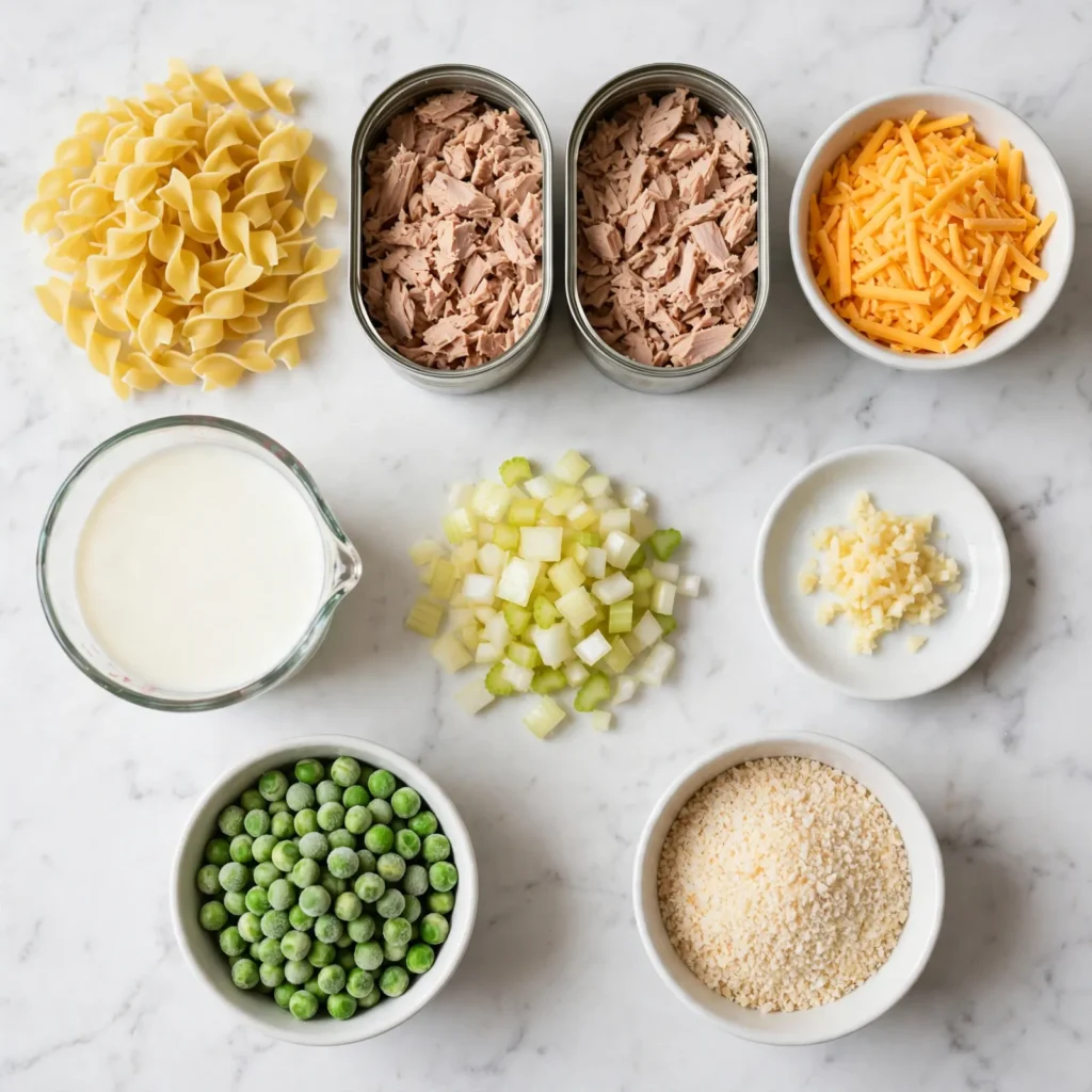 Tuna noodle casserole ingredients arranged in a flat lay on white marble surface