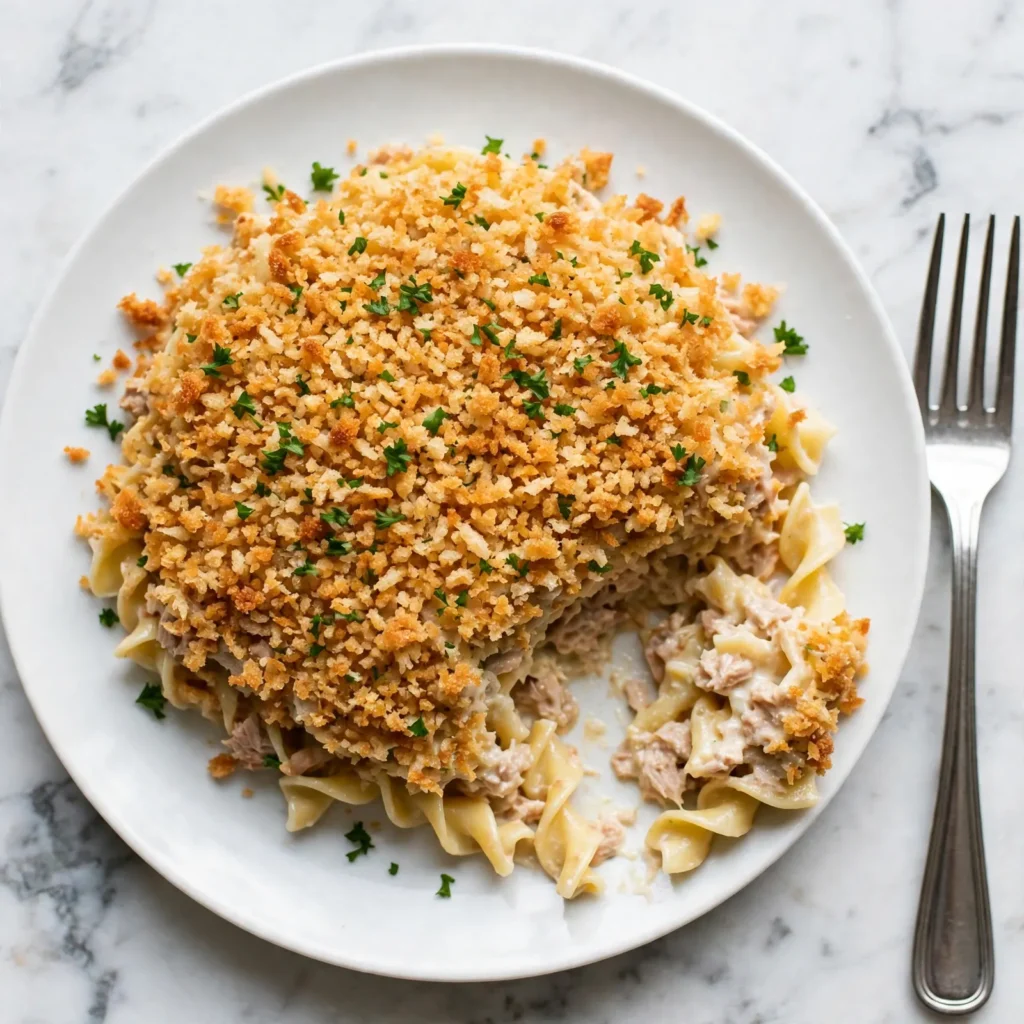 Overhead view of plated tuna noodle casserole with golden panko topping on a white ceramic plate