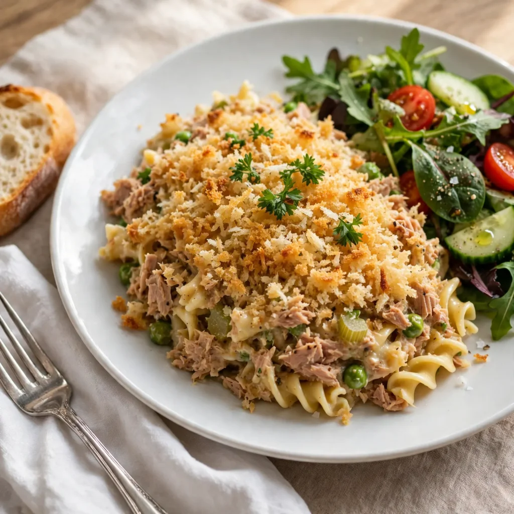 Tuna noodle casserole serving on a white plate with green salad and bread as sides
