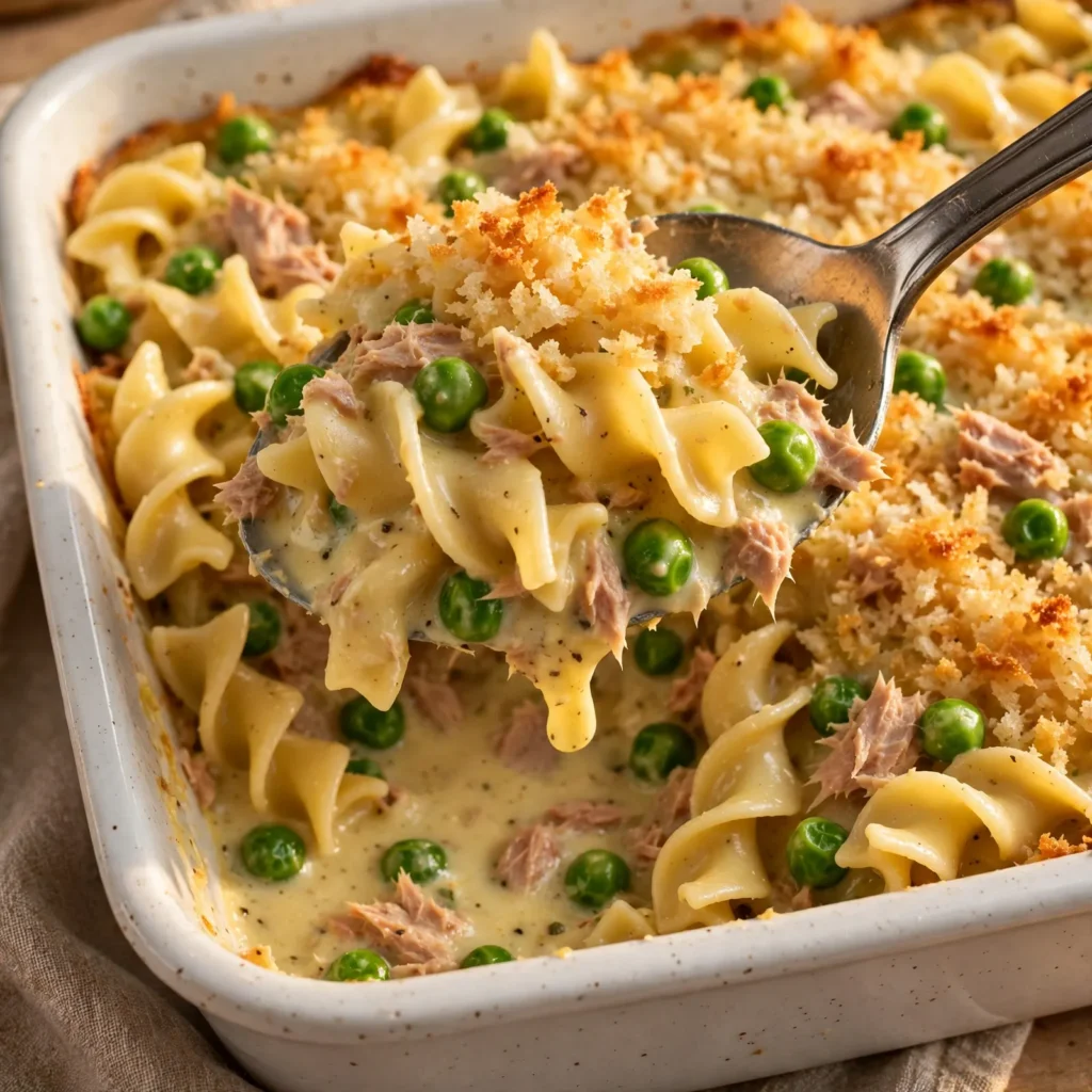 Close-up of a serving spoon scooping creamy tuna noodle casserole from a white baking dish