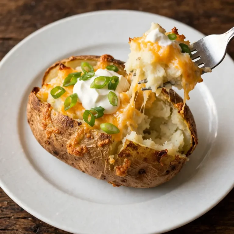 Fork lifting cheesy twice baked potato filling from a crispy potato skin