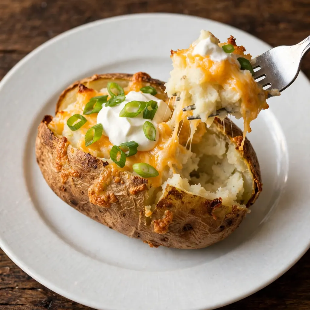 Fork lifting cheesy twice baked potato filling from a crispy potato skin