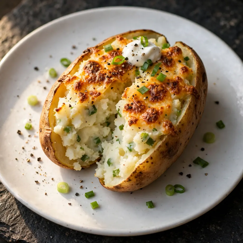 Final beauty shot of twice baked potato cut open showing creamy filling with cheddar, sour cream, and green onions on dark stone