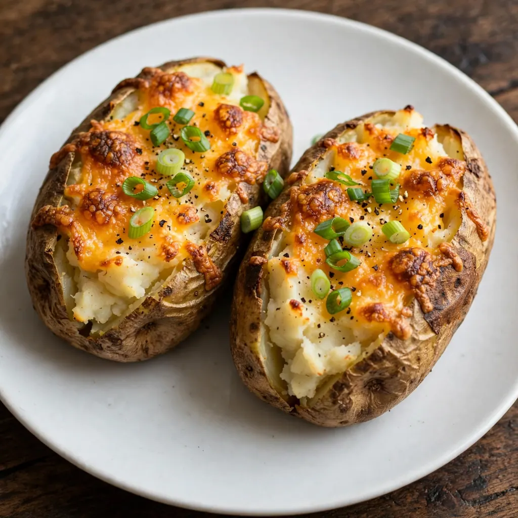Twice baked potatoes on white plate with golden cheddar topping, creamy filling, and green onions on dark wood