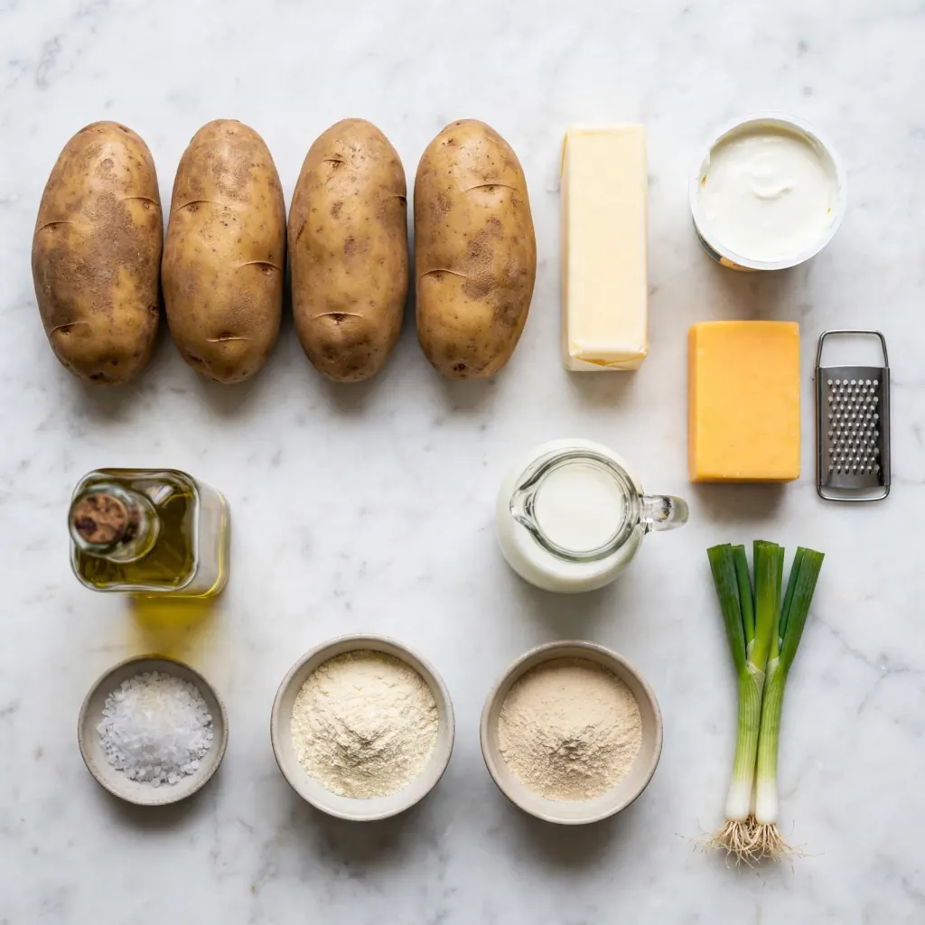 Twice baked potatoes ingredients flat lay on white marble including russet potatoes, cheddar, butter, sour cream, and green onions