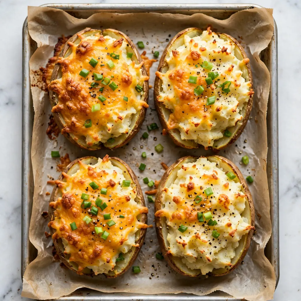 Overhead view of four twice baked potatoes on parchment baking sheet with golden cheddar tops and green onions
