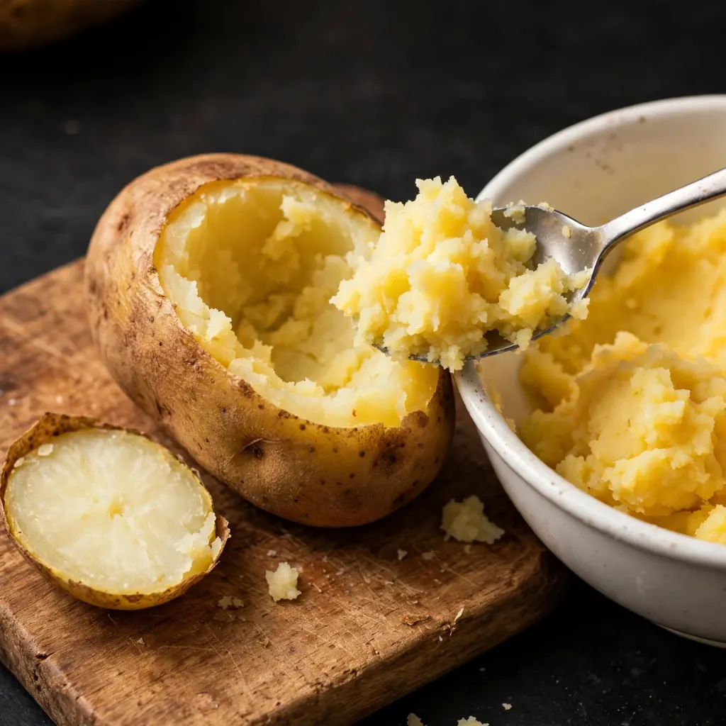 Hot baked russet potato being scooped with a spoon showing fluffy interior and filling going into a mixing bowl