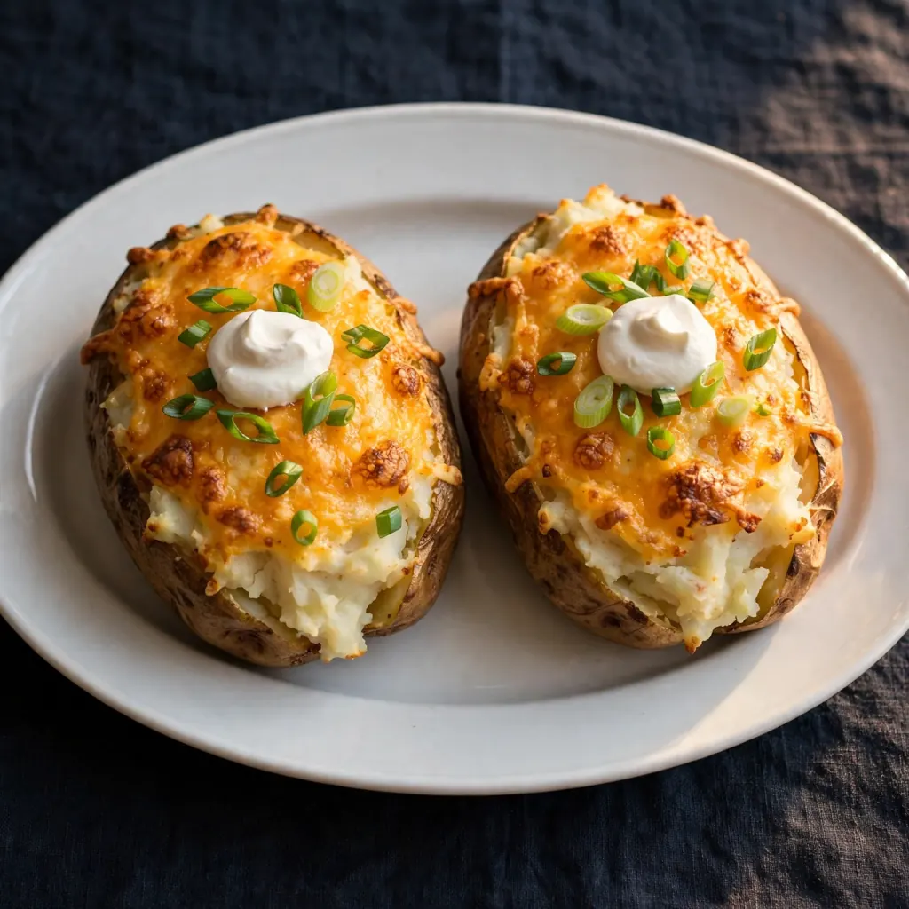 Two twice baked potatoes on white oval platter with golden cheddar, sour cream, and green onions on dark linen