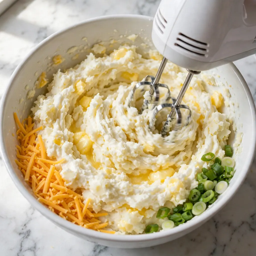 Hand mixer whipping potato filling in white bowl with cheddar and green onions ready to fold in beside the bowl