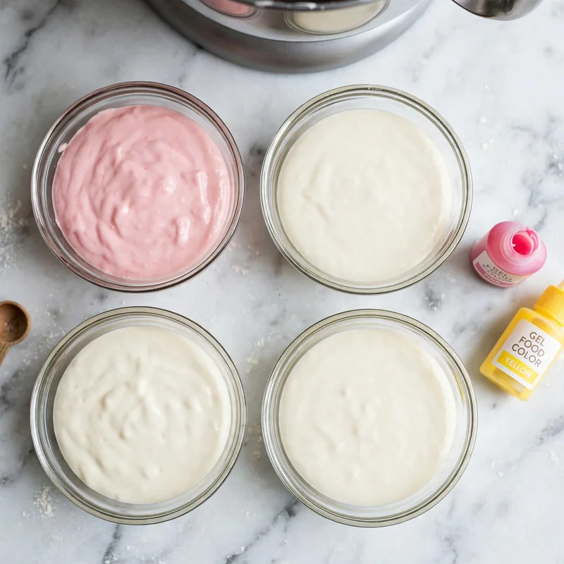 Vanilla cake batter being divided into four bowls for coloring