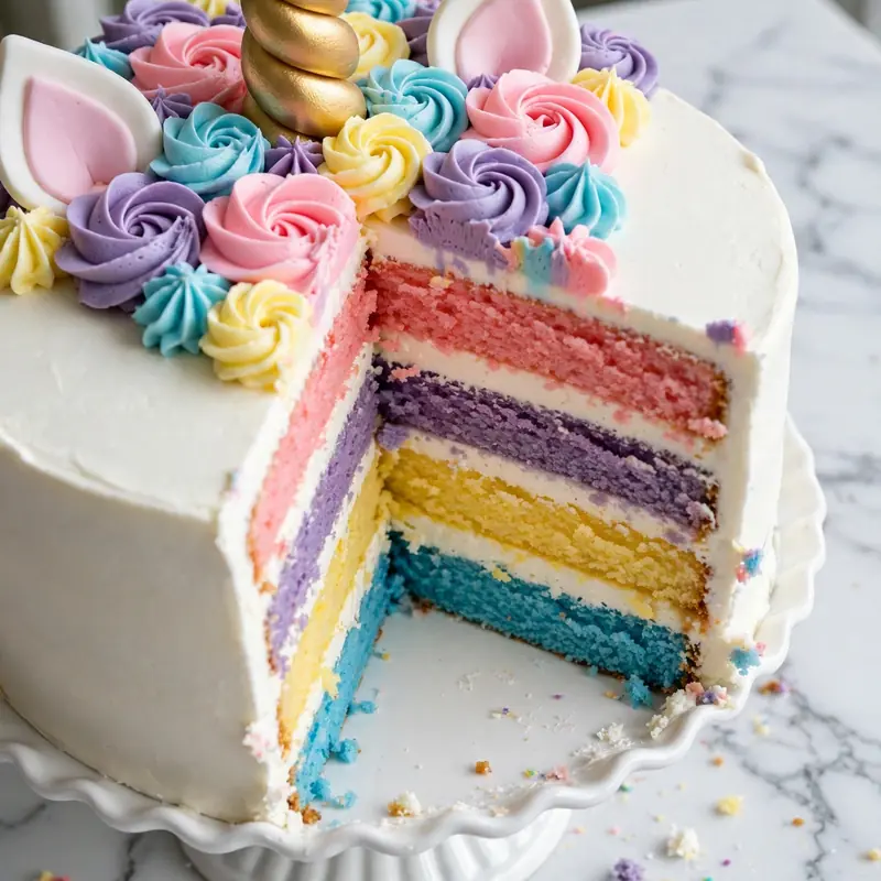 Sliced unicorn cake with rainbow layers, pastel rosettes, and gold horn