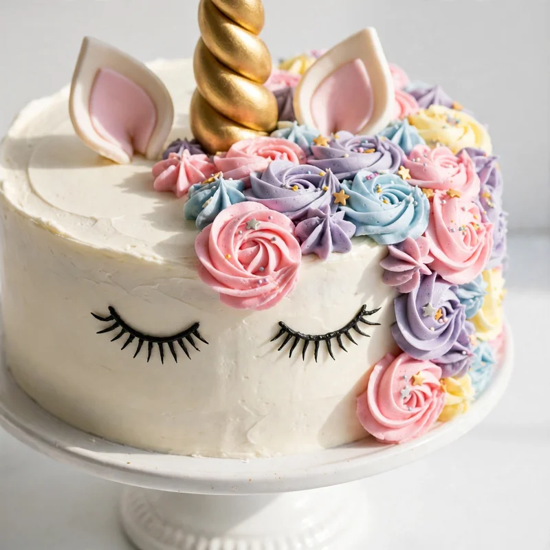 Finished unicorn cake with gold horn and pastel buttercream mane
