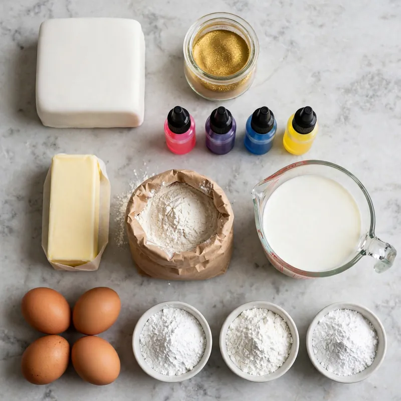 Unicorn cake ingredients laid out on grey marble including fondant, food coloring, and baking ingredients