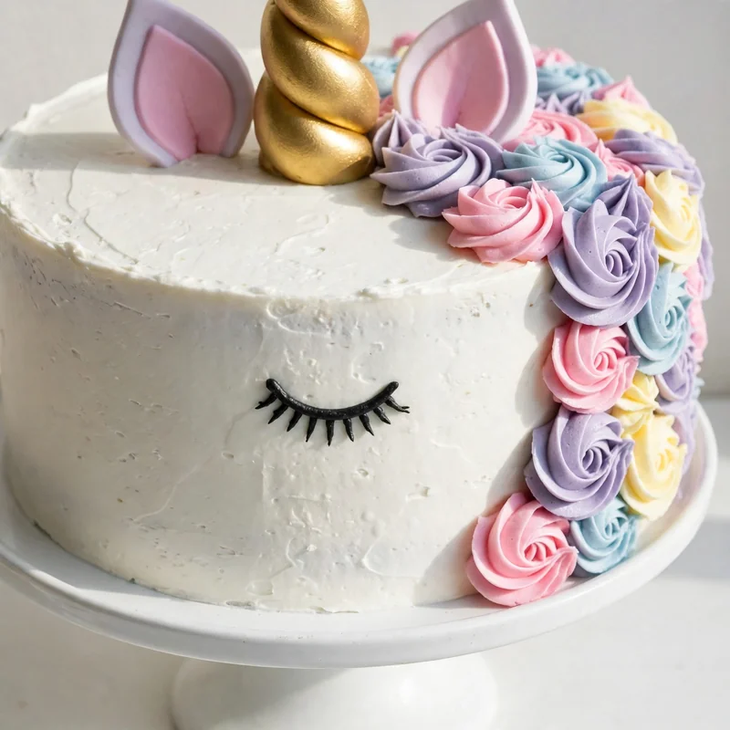 Unicorn cake on a white cake stand with pastel buttercream mane and gold horn