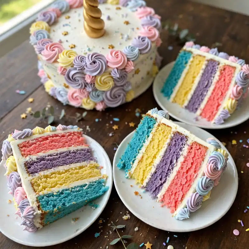 Three slices of unicorn cake on white plates showing rainbow sponge layers