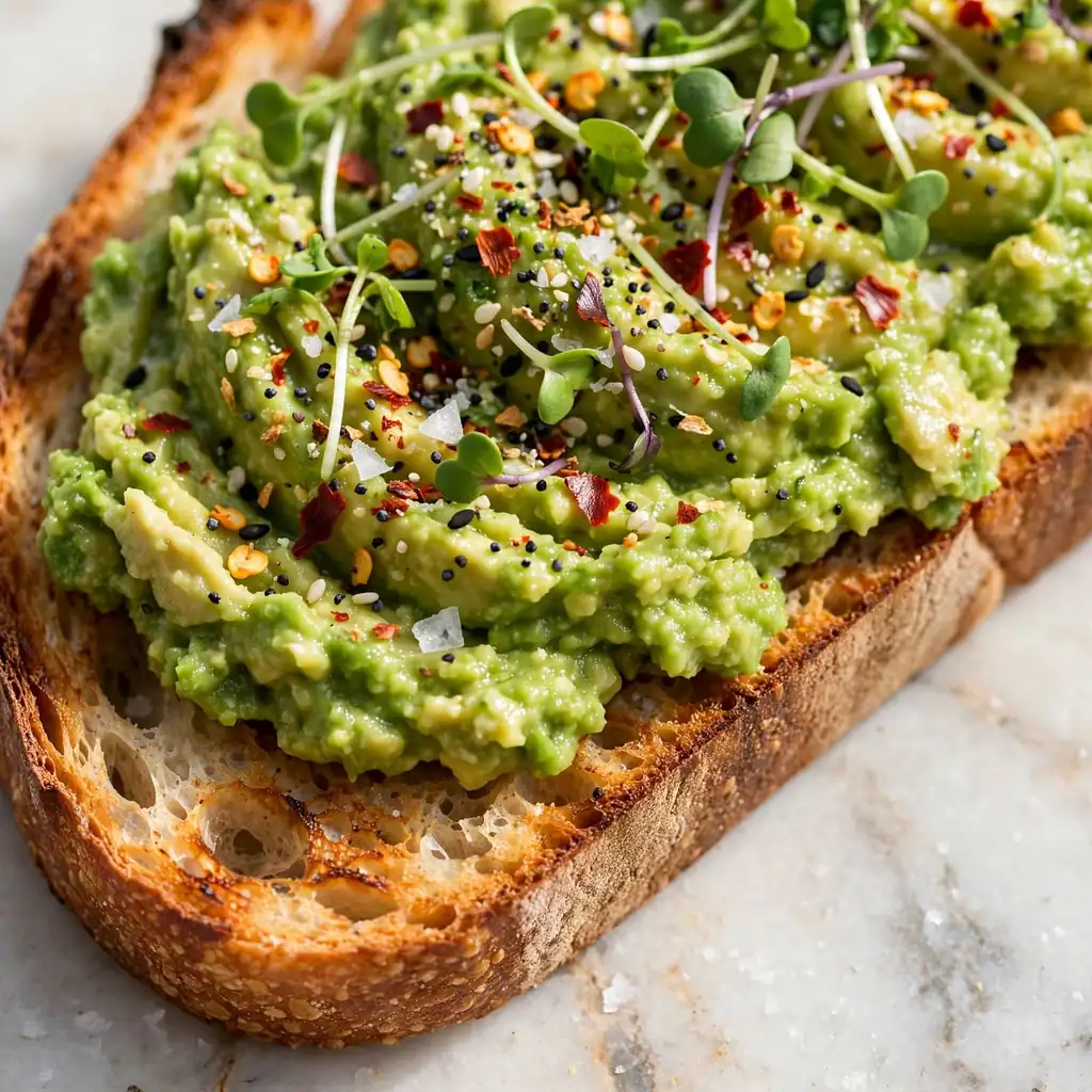 Two thick slices of toasted sourdough on a white ceramic plate, topped with smashed green avocado, a soft poached egg, chili flakes, and everything bagel seasoning. Lemon wedge on the side. Soft natural window light. 45-degree food photography angle on a light marble surface.