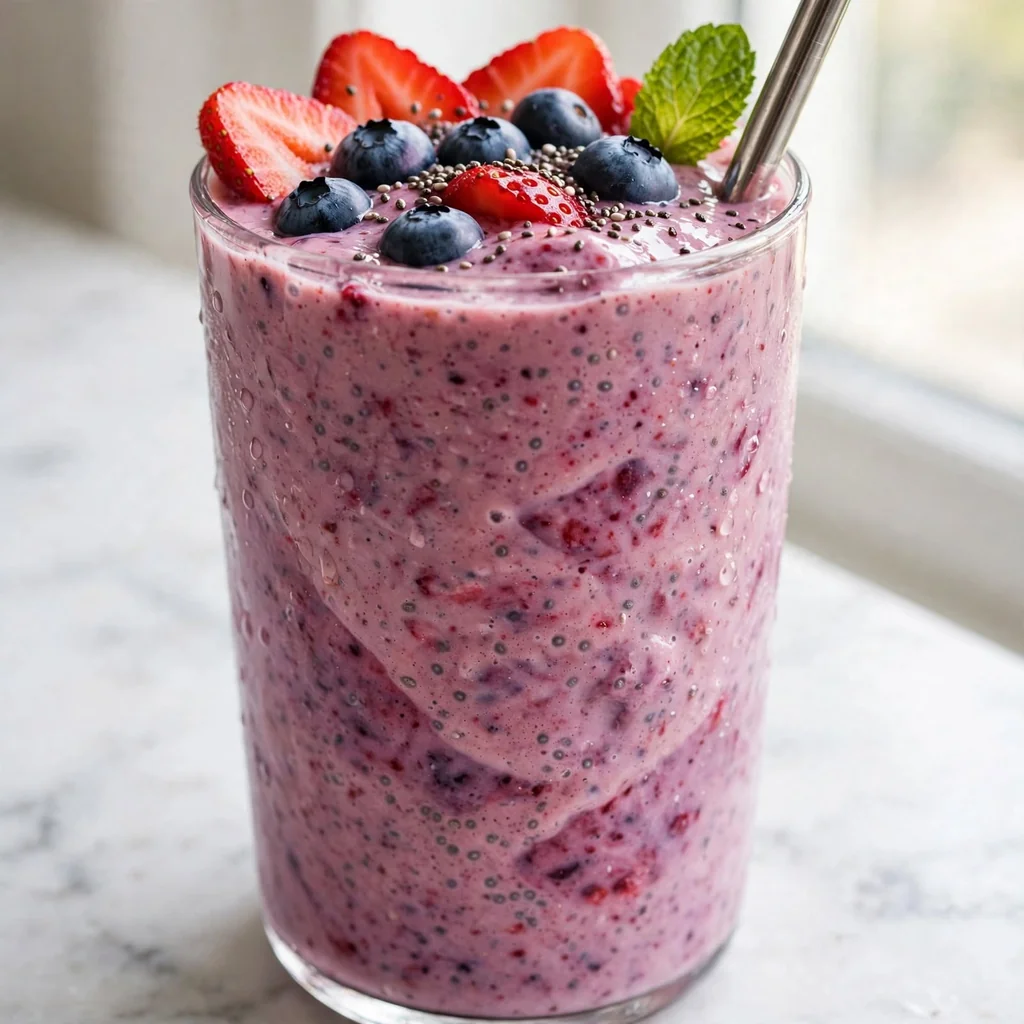 A vibrant deep purple berry protein smoothie in a tall glass, topped with a handful of fresh mixed berries, a sprinkle of hemp seeds, and a fresh mint sprig on the rim. Bright clean natural light. 45-degree angle on a white marble surface with a clean, energetic morning aesthetic.
