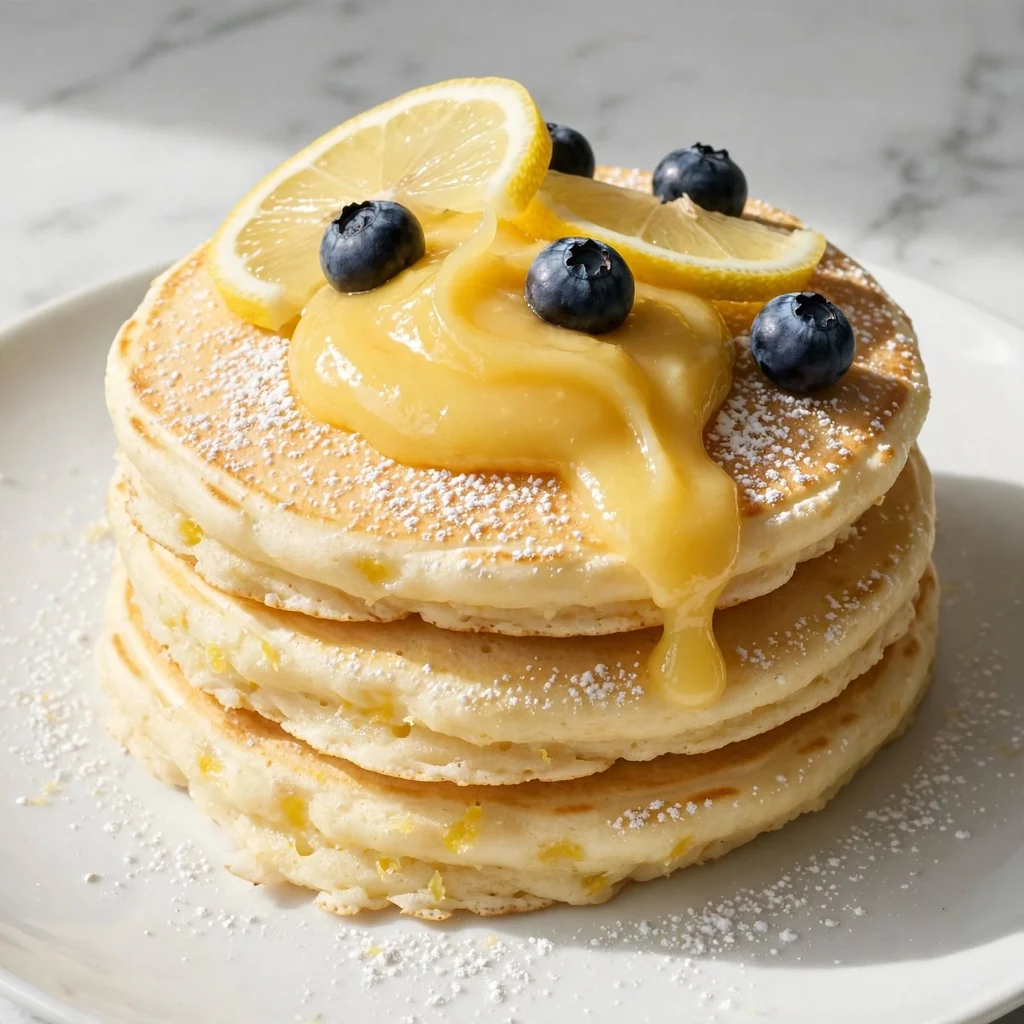 A stack of three pale golden lemon ricotta pancakes on a white plate, dusted with powdered sugar and topped with a spoonful of fresh lemon curd, thin lemon slices, and fresh blueberries. Soft natural side light. 45-degree angle on a clean white marble surface with a light, elegant aesthetic.