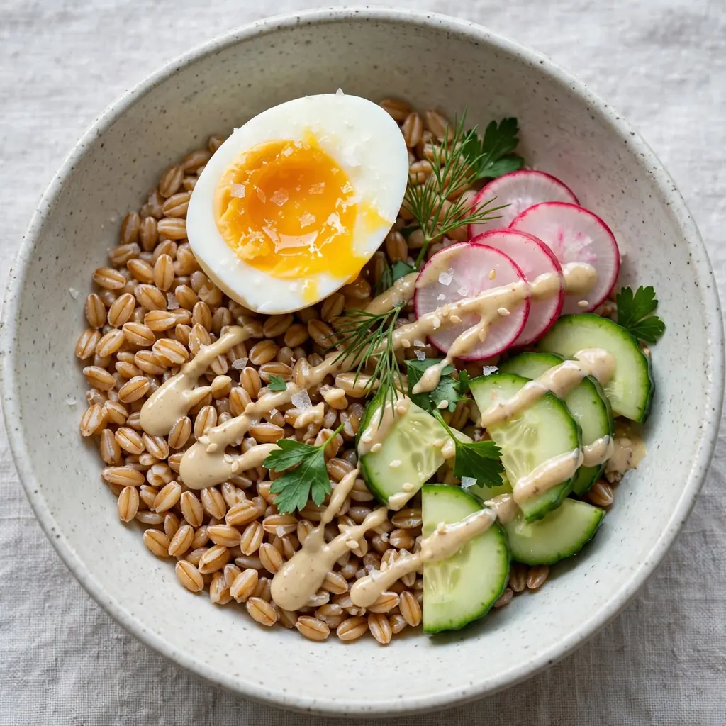 A wide ceramic bowl with farro or barley as the base, topped with a halved soft-boiled egg, sliced radishes, cucumber, fresh herbs, and a drizzle of tahini dressing. Clean natural morning light. Top-down shot on a pale gray linen surface with a clean, wholesome aesthetic.