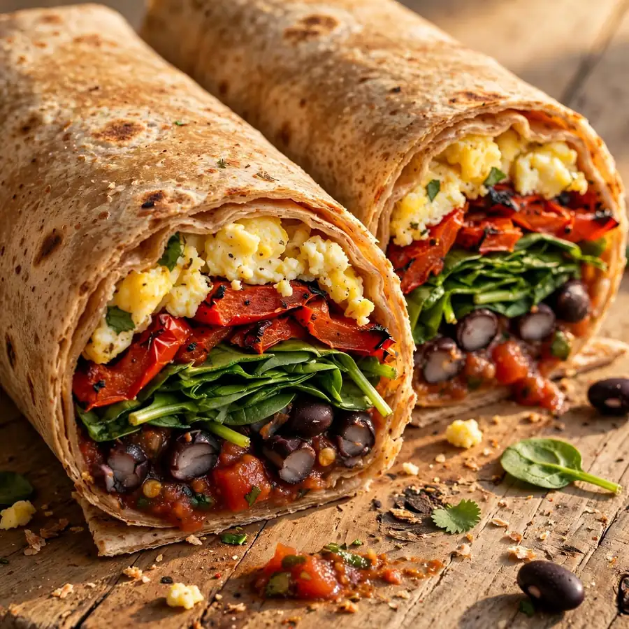 A golden-brown whole wheat wrap cut in half and placed on a wooden board, showing the filling of scrambled eggs, roasted red peppers, baby spinach, black beans, and a swipe of salsa. Each layer is clearly visible at the cut edge. Warm natural light. 45-degree angle food photography.