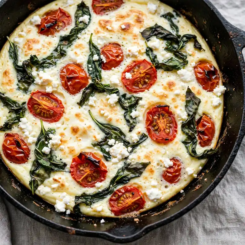 A golden egg white frittata in a black cast iron skillet, lightly browned on top with visible roasted cherry tomatoes, wilted basil, and crumbled goat cheese throughout. Clean soft natural light. Top-down shot on a gray linen kitchen surface with a fresh, clean aesthetic.