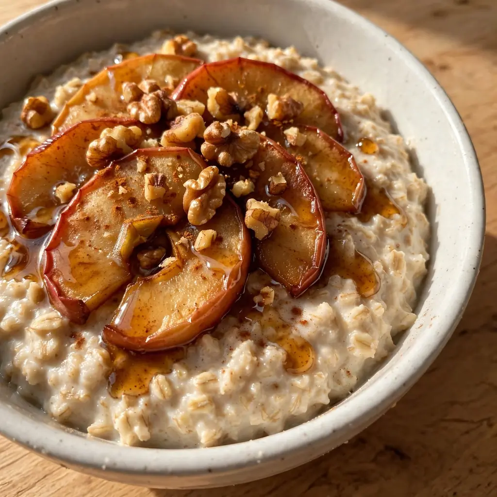 A white ceramic bowl of thick creamy oatmeal topped with warm sautéed cinnamon apple slices, a drizzle of maple syrup, chopped walnuts, and a sprinkle of cinnamon. Steam rising from the surface. Cozy warm morning light from the side. 45-degree angle on a light wood kitchen table.