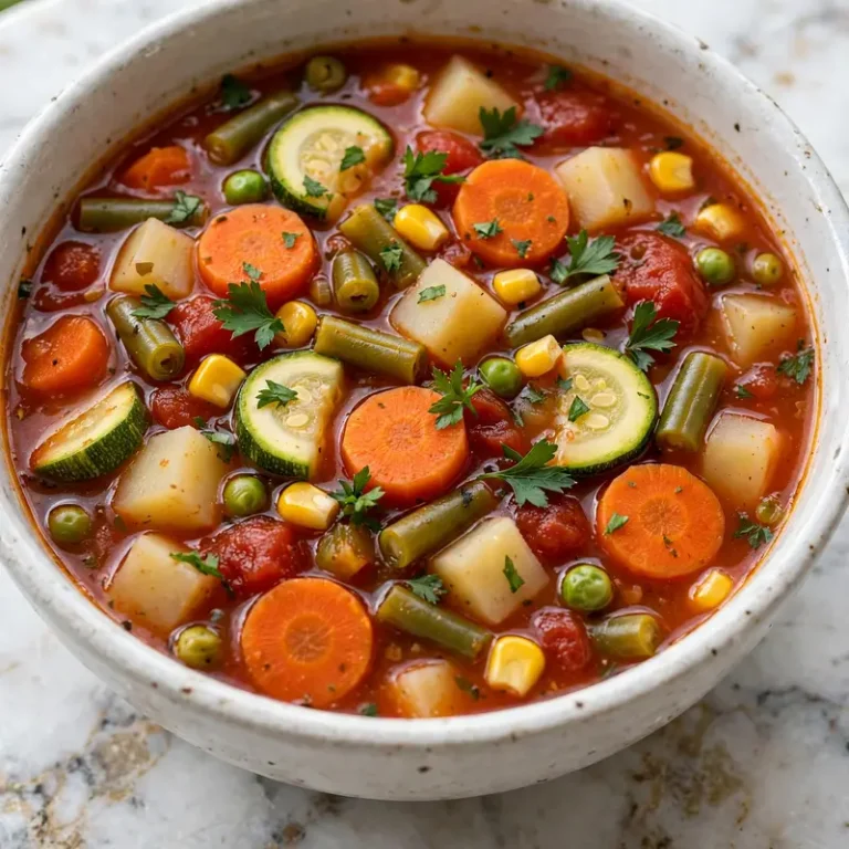 Hearty vegetable soup with colorful vegetables in tomato broth