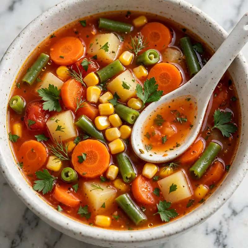 Two bowls of hearty vegetable soup garnished with fresh herbs