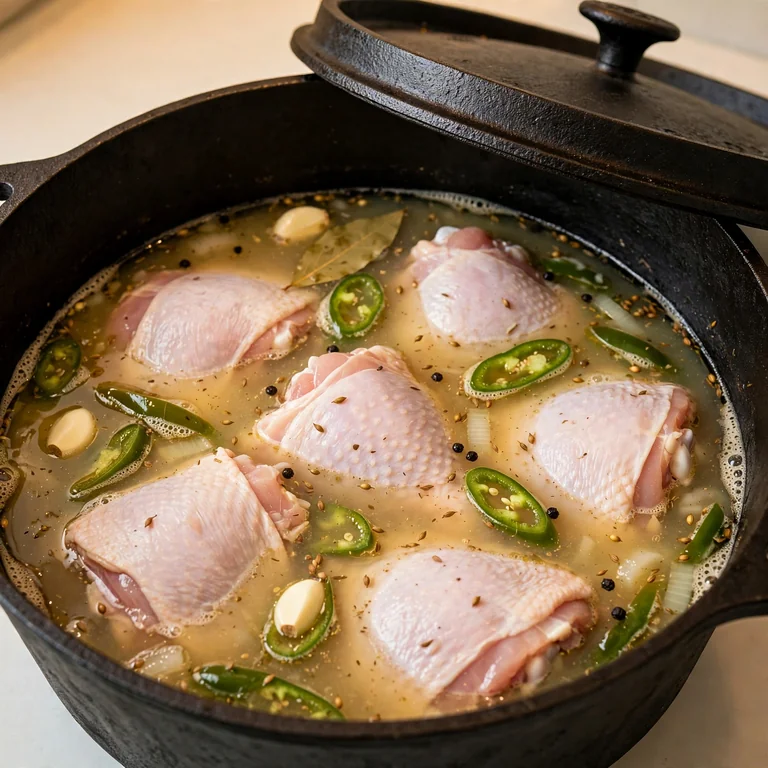 Raw chicken thighs simmering in spiced broth in a Dutch oven with lid ajar