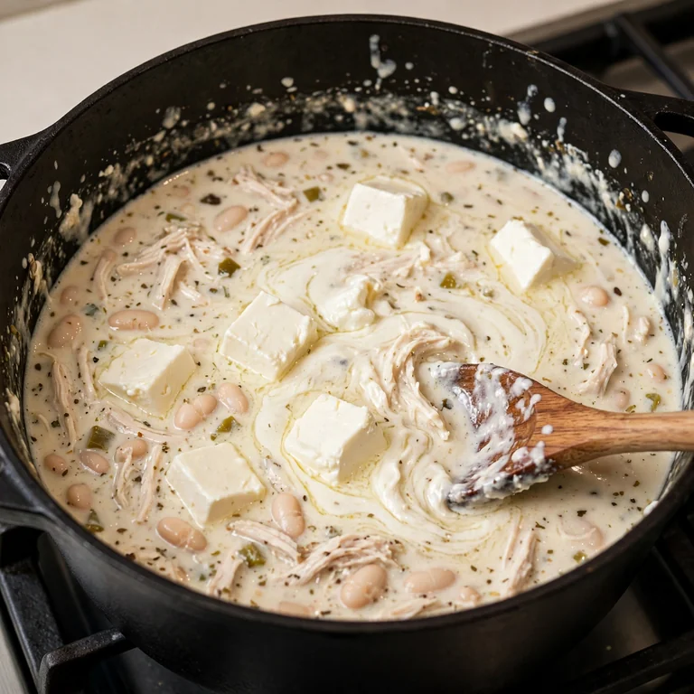 Cream cheese melting into white chicken chili broth with wooden spoon stirring