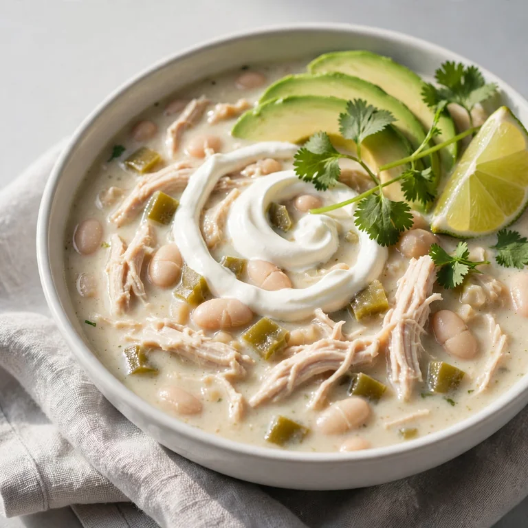 Final close-up of white chicken chili in white bowl with avocado, lime, cilantro, and sour cream