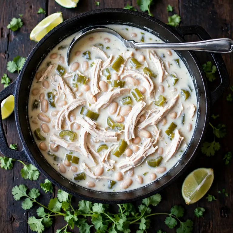 Overhead view of white chicken chili in cast iron pot with ladle and lime wedges